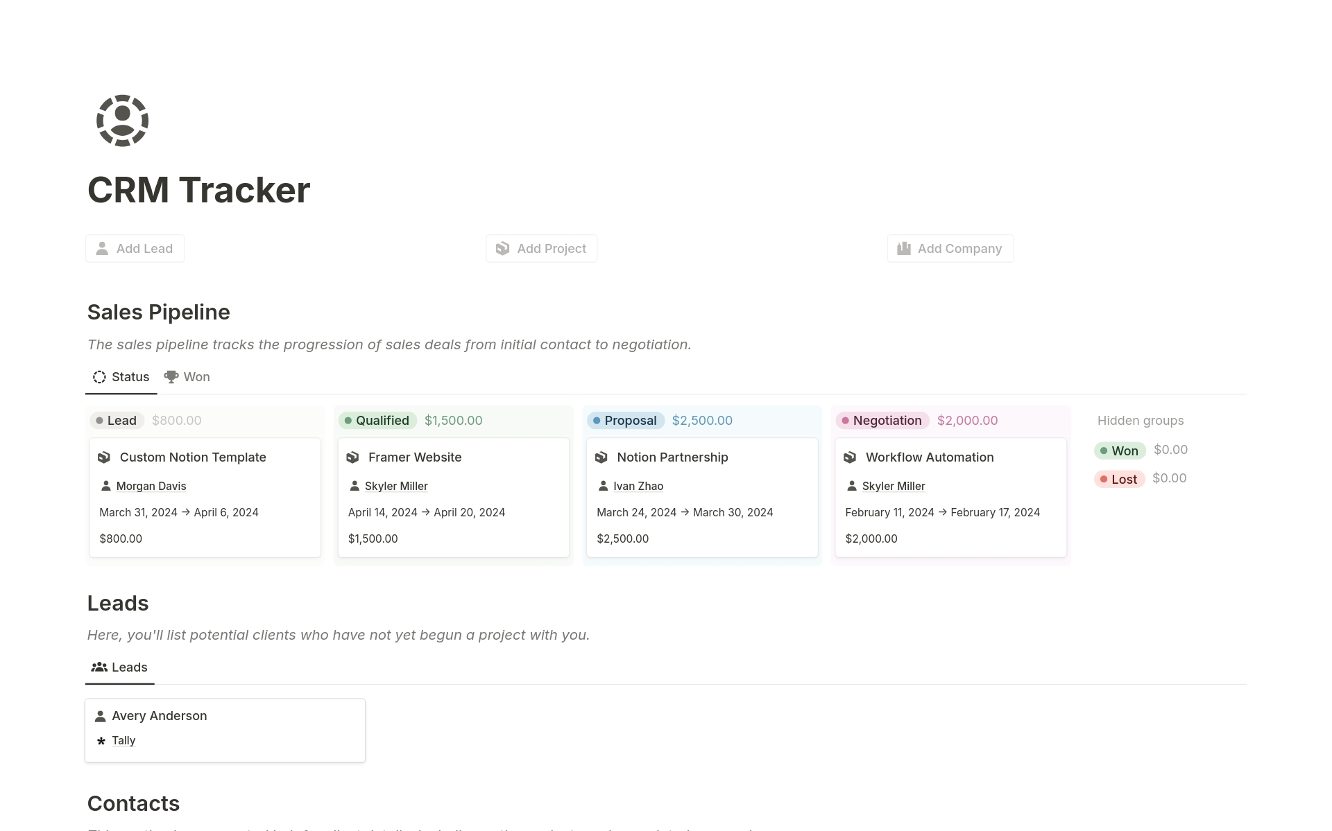 Simple CRM tracker by Notion