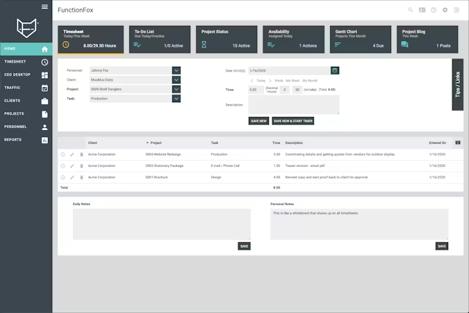 FunctionFox dashboard showing time tracking, tasks, and project budgets