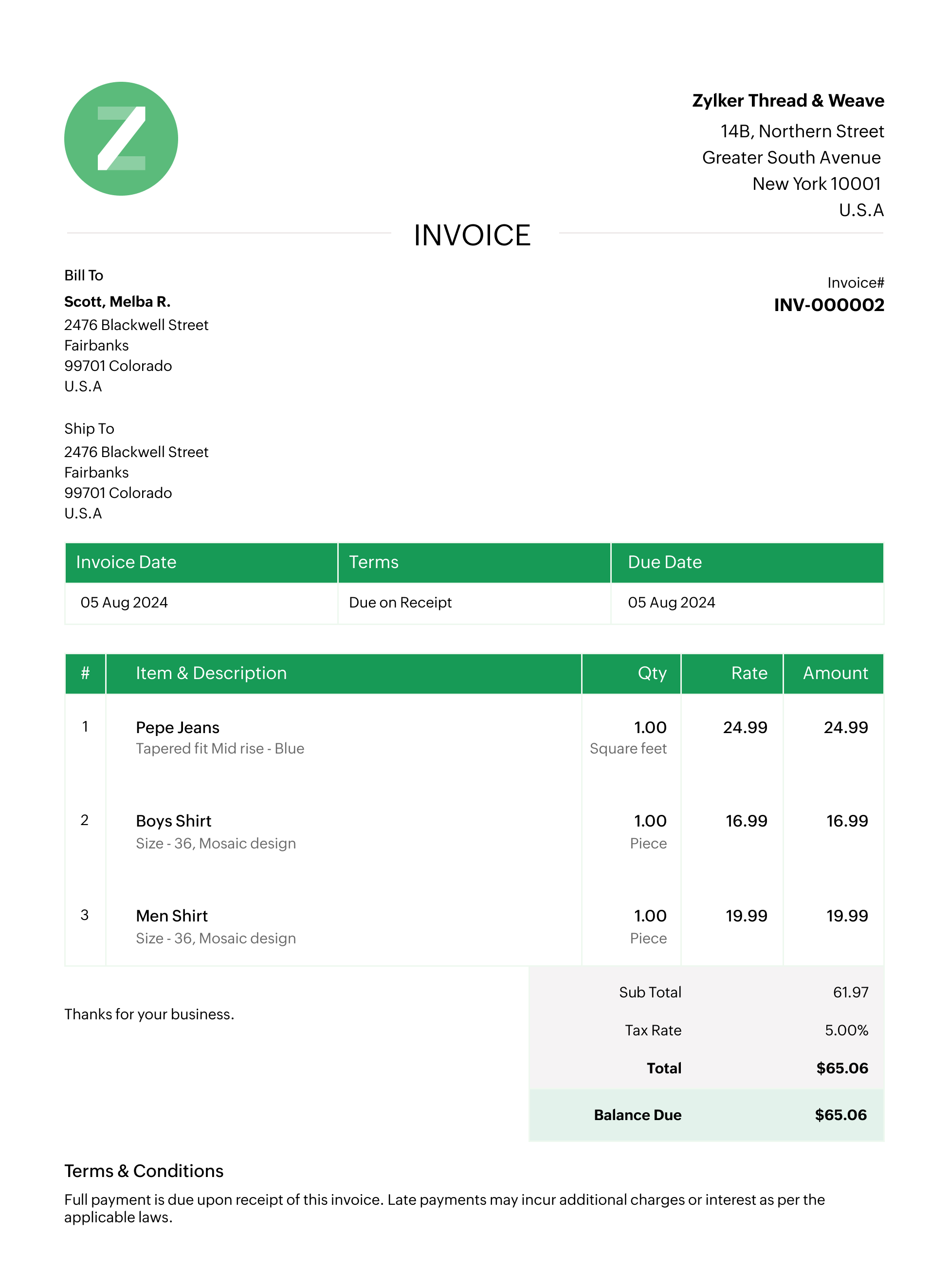 Zoho sales invoice template