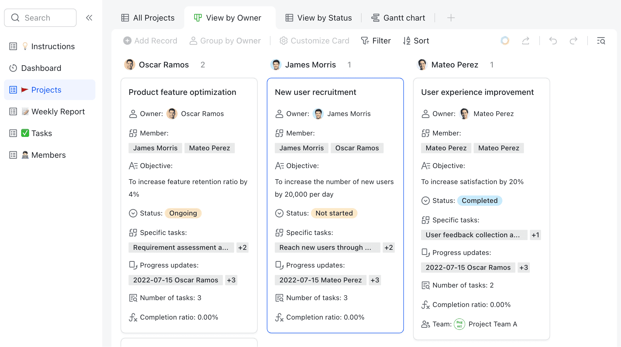 Projects visualized in kanban view