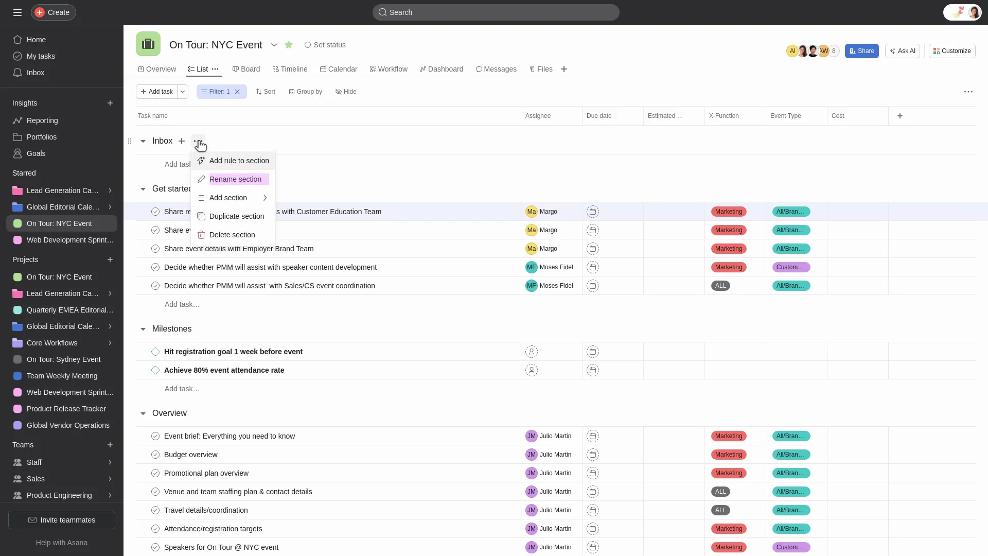 Asana structured task and project management platform