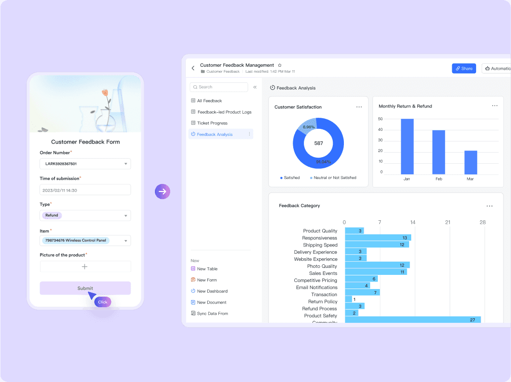 Image of customer feedback data in Lark Base