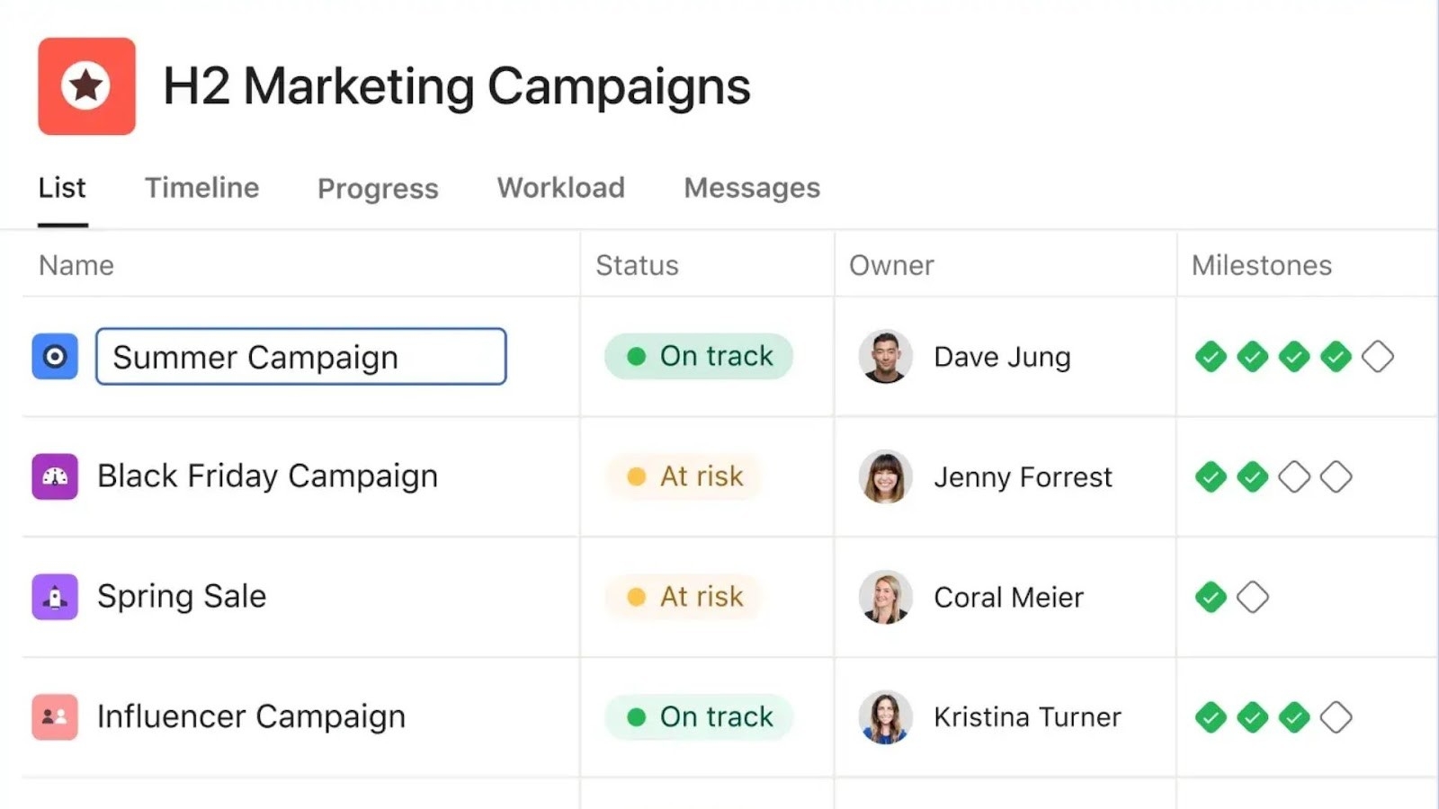 Asana’s task management feature in list view