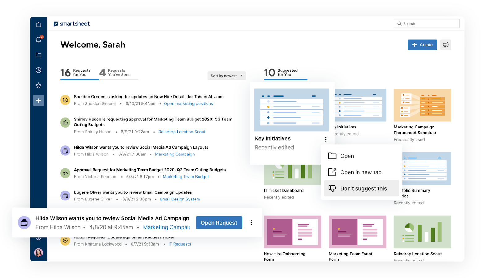 Home interface of Smartsheet, showing request and suggestions for a team member