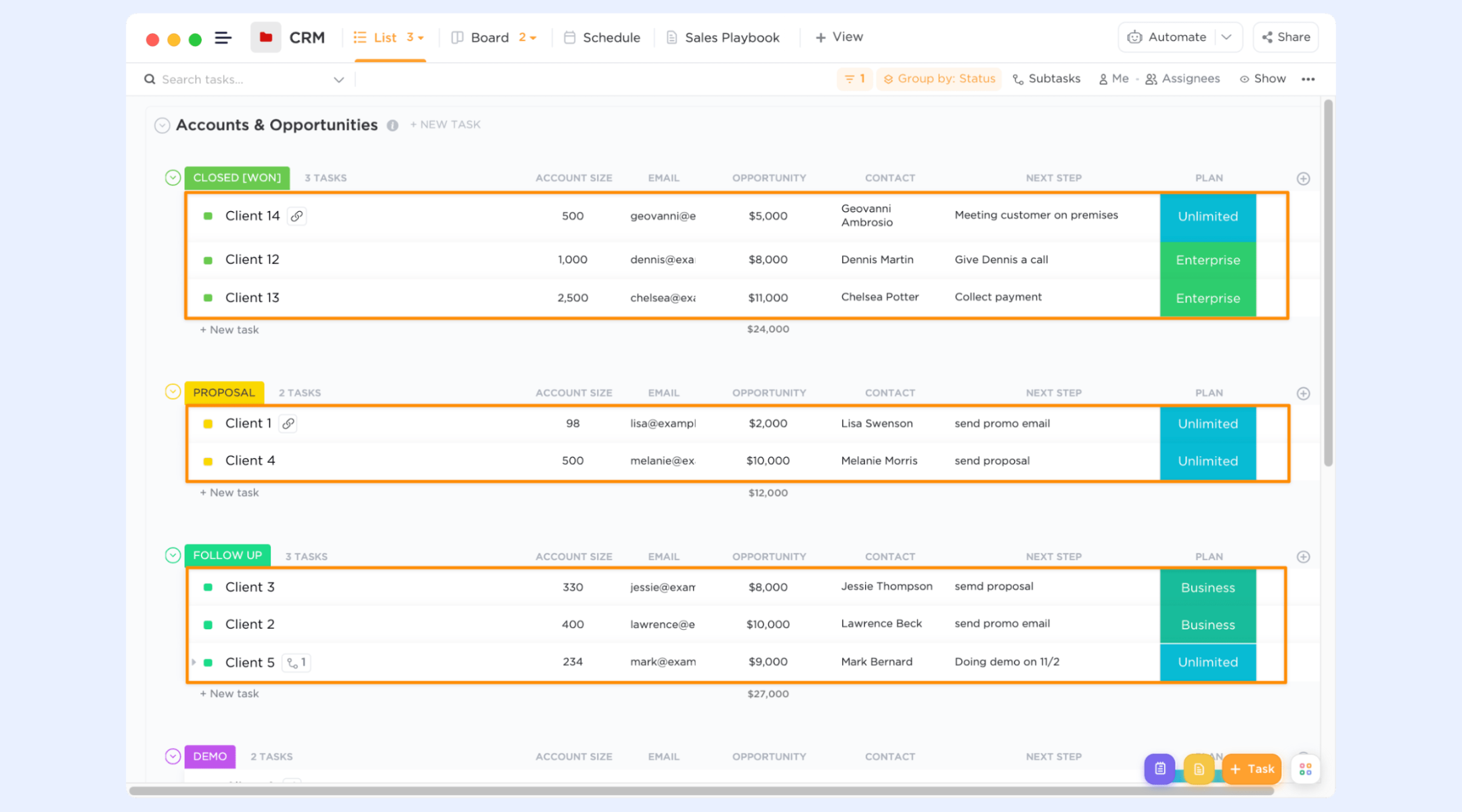 ClickUp manages contacts and deals