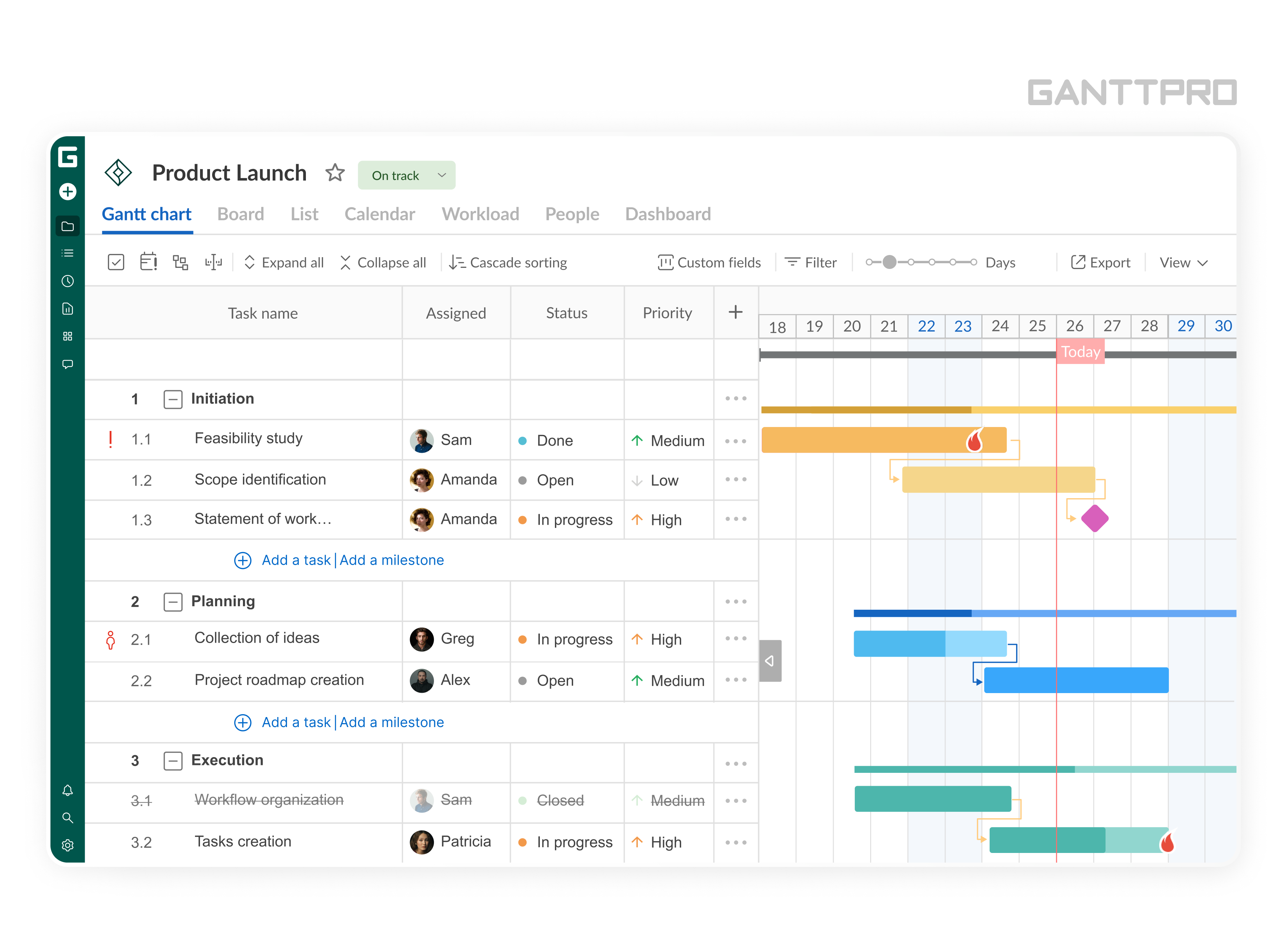 GanttPRO showing Gantt chart view and tasks