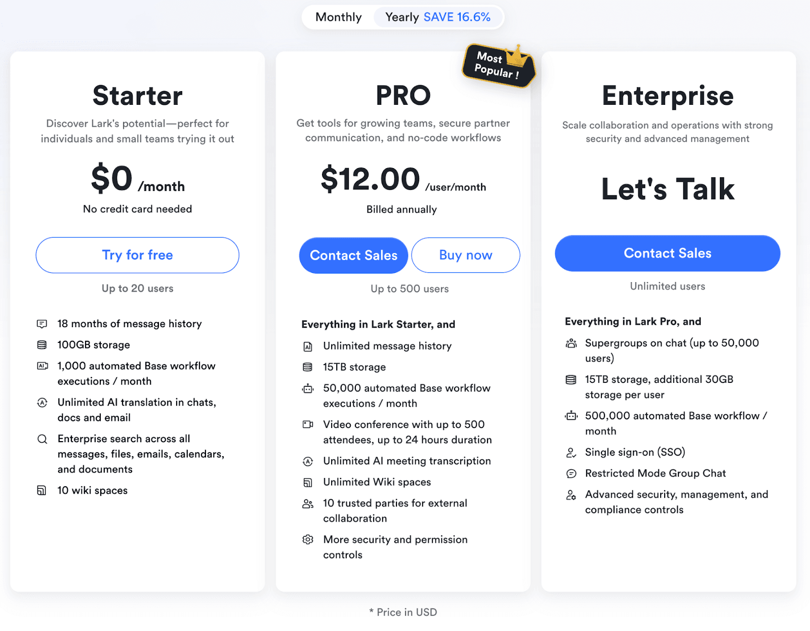 Lark's transparent pricing plan and integrated collaboration features