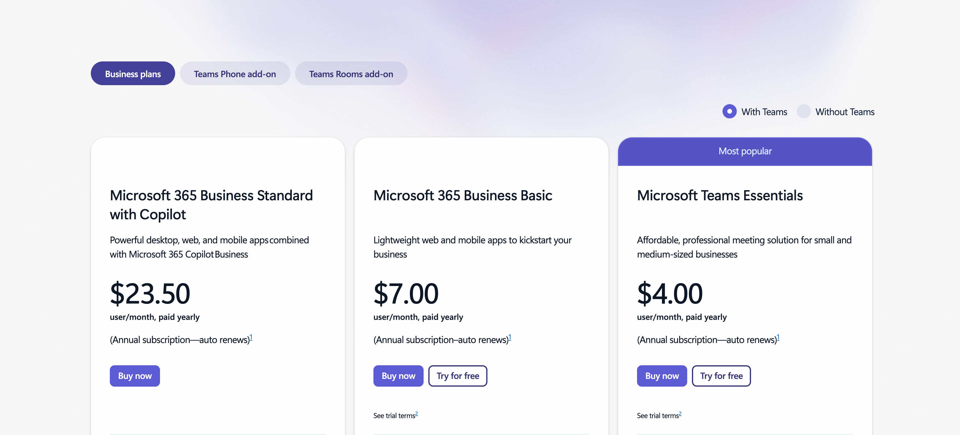 Microsoft Team's 2026 pricing for business plans