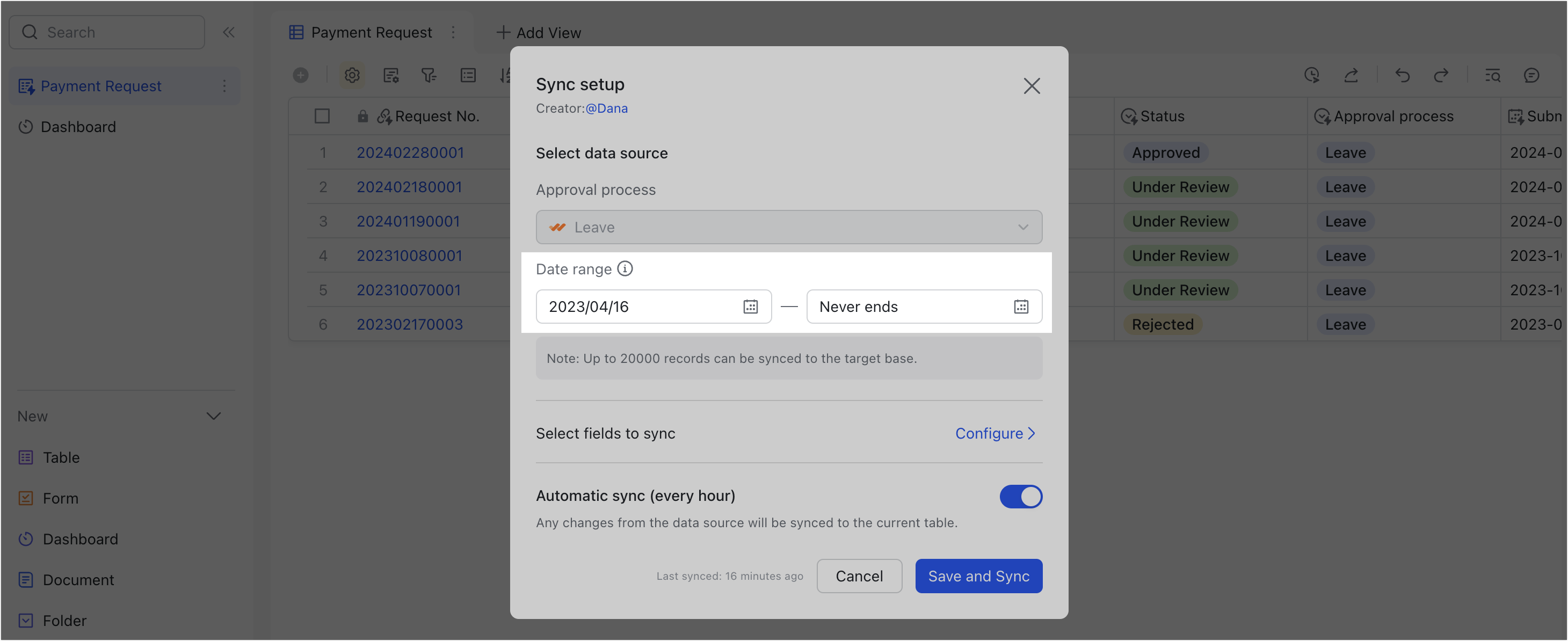 LARK　ご相談ページ Sync data to Base from Lark Approval