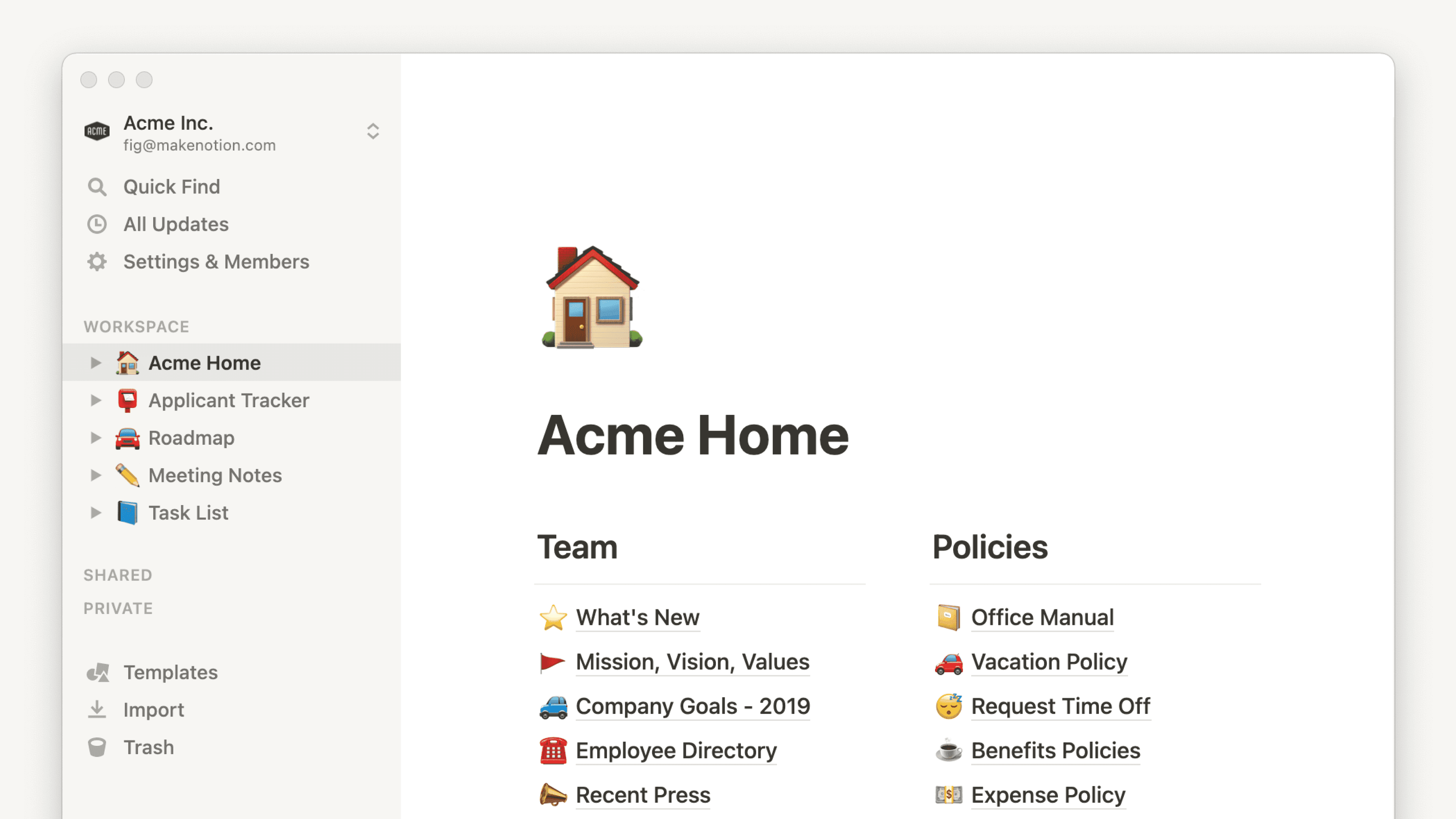 Notion's workspace page