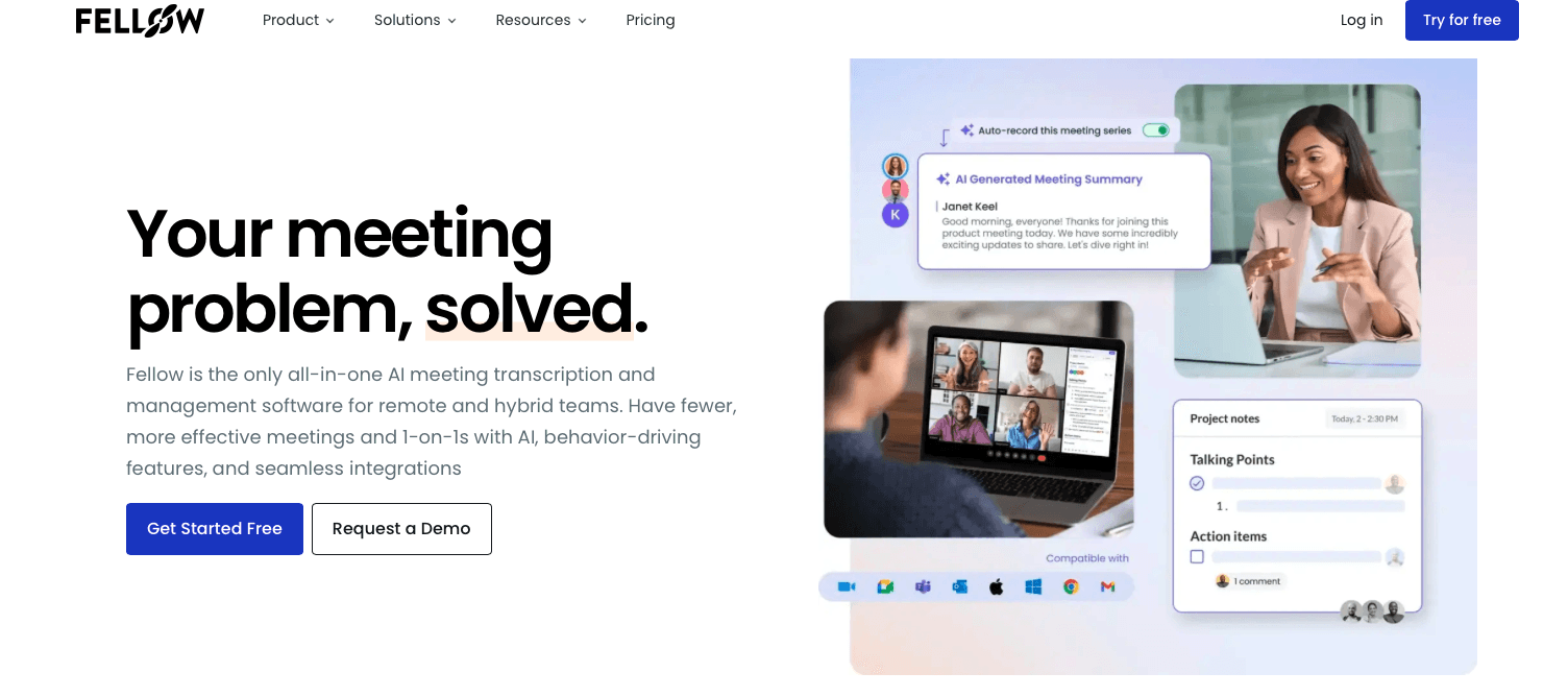 Screenshot of Fellow webpage