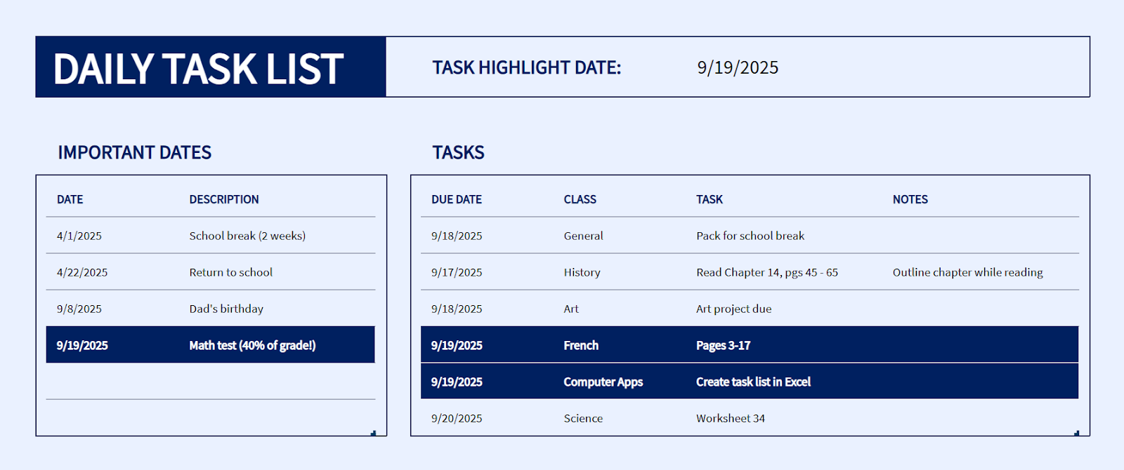 Daily task template