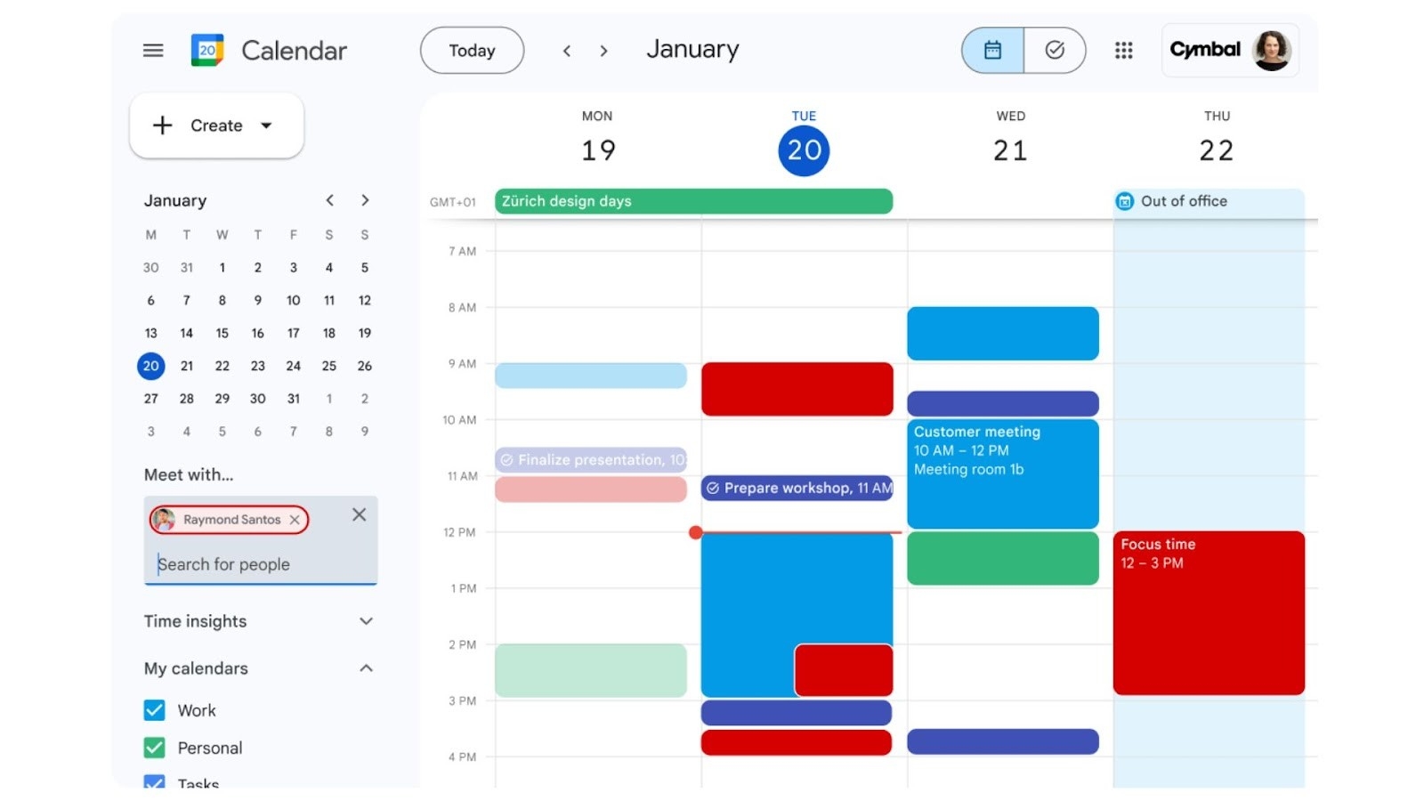 Google Calendar's weekly view with colorful event blocks