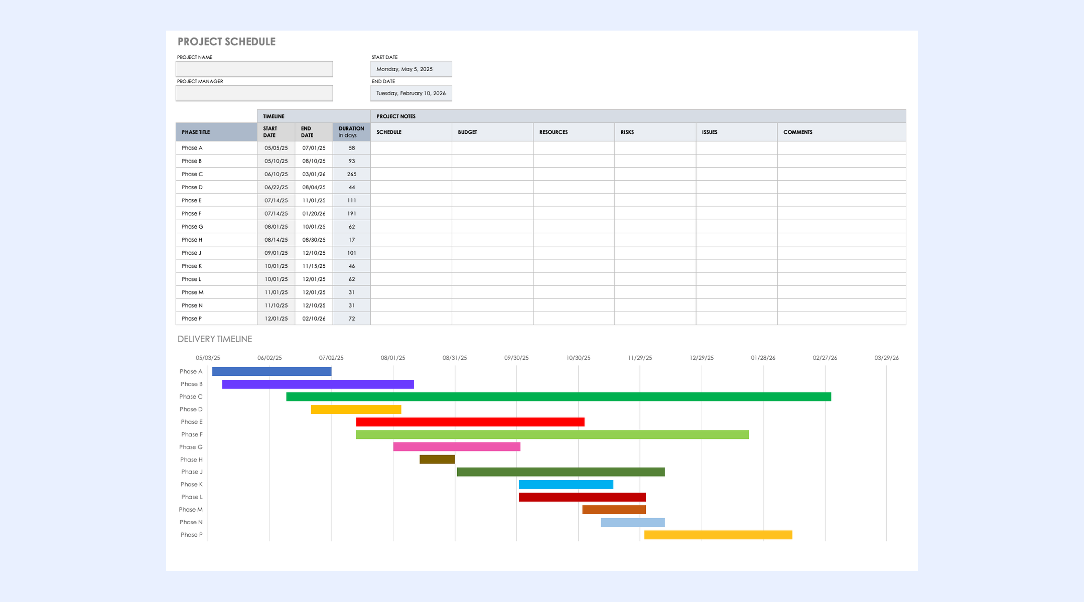 Google Sheets project plan and schedule template
