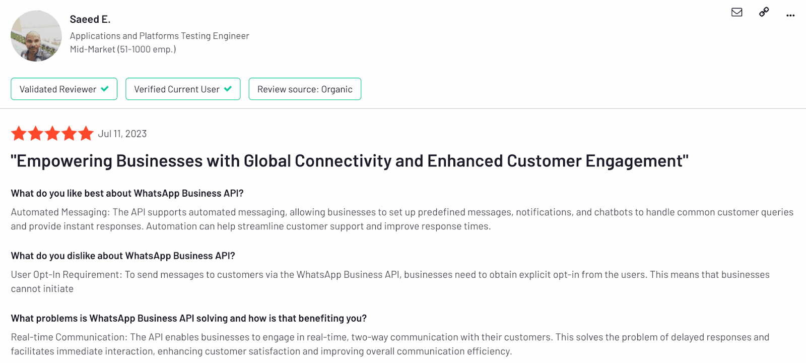  A positive review of WhatsApp Business on G2