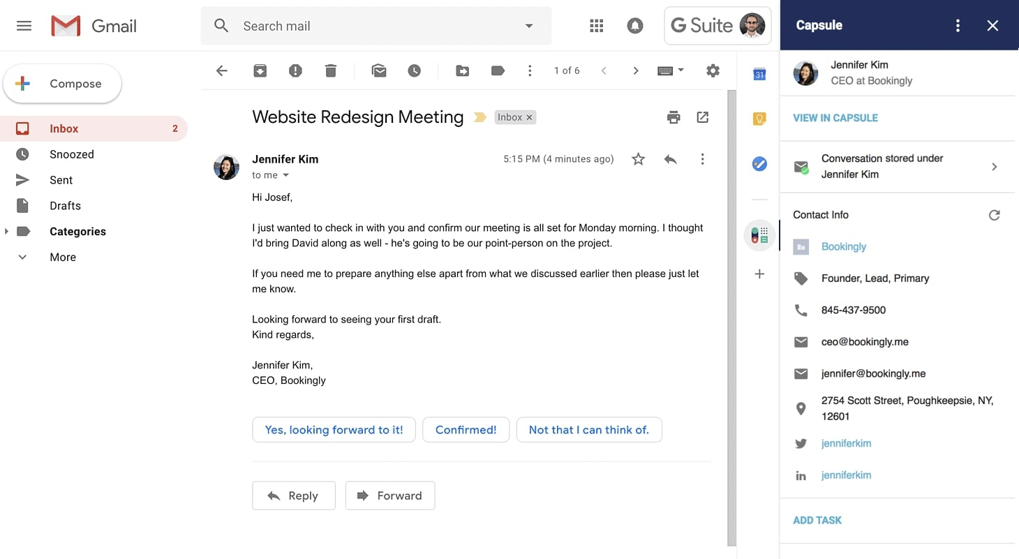Gmail interface via Capsule CRM