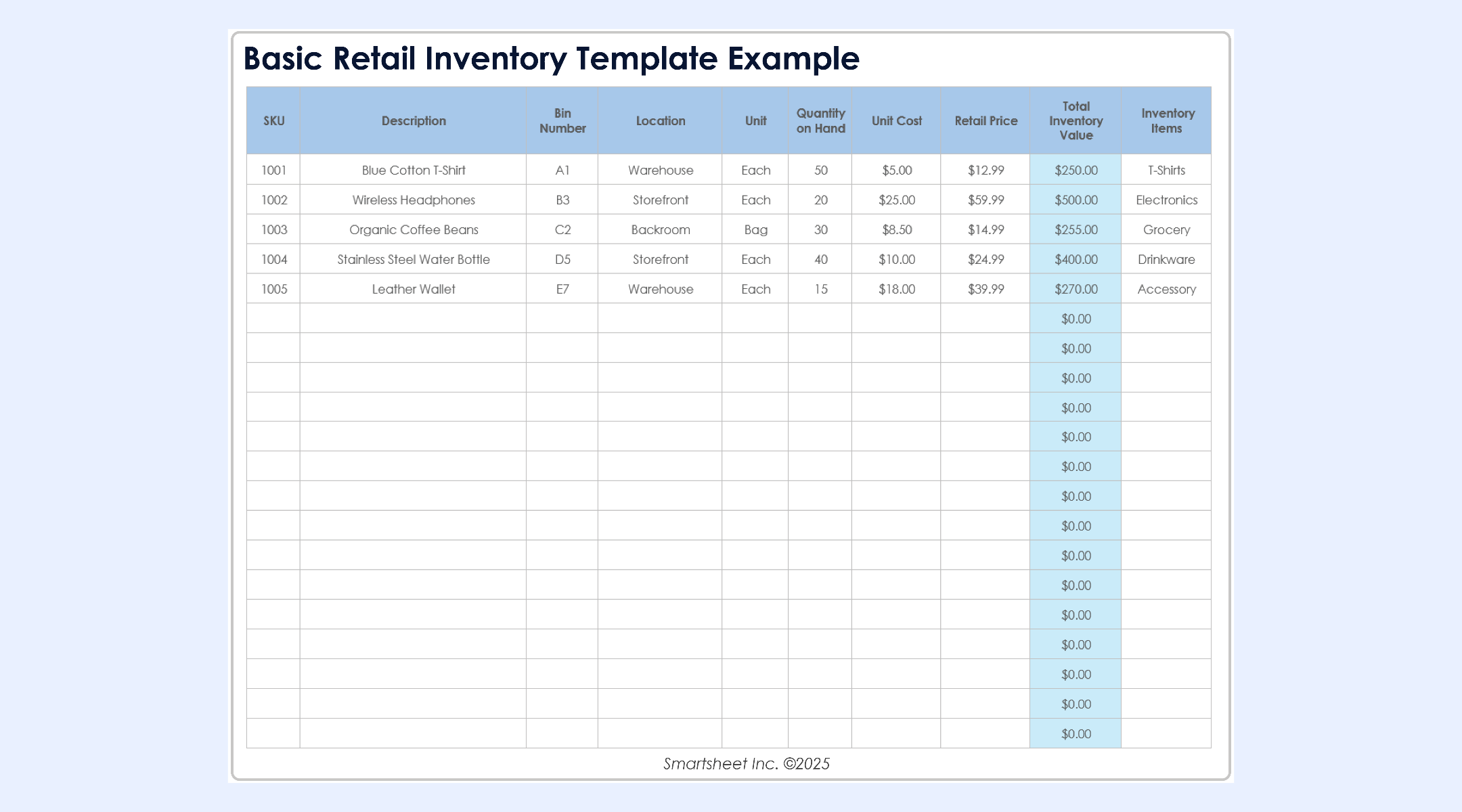 Retail stock inventory spreadsheet