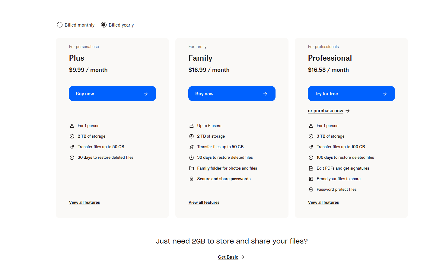 Dropbox personal pricing plan