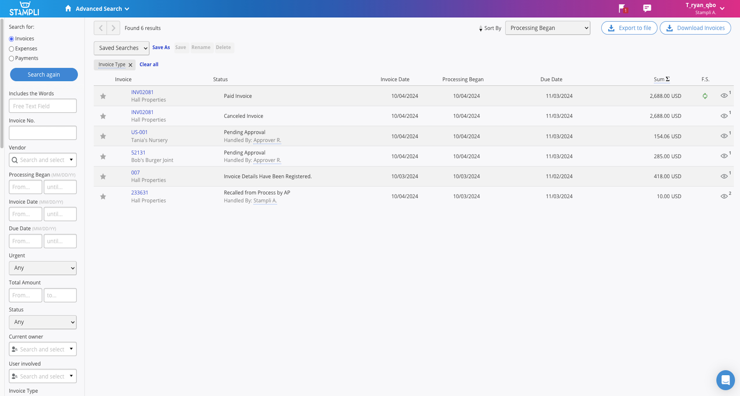 Stampli invoice management dashboard with approval status