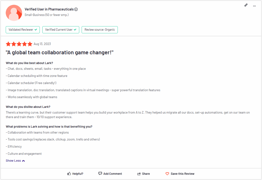 Screenshot of Lark's user review