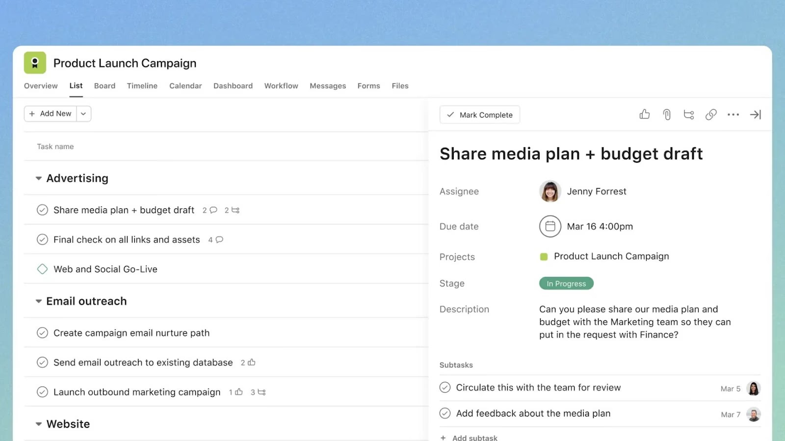 Asana’s project tracking and task management campaign dashboard.