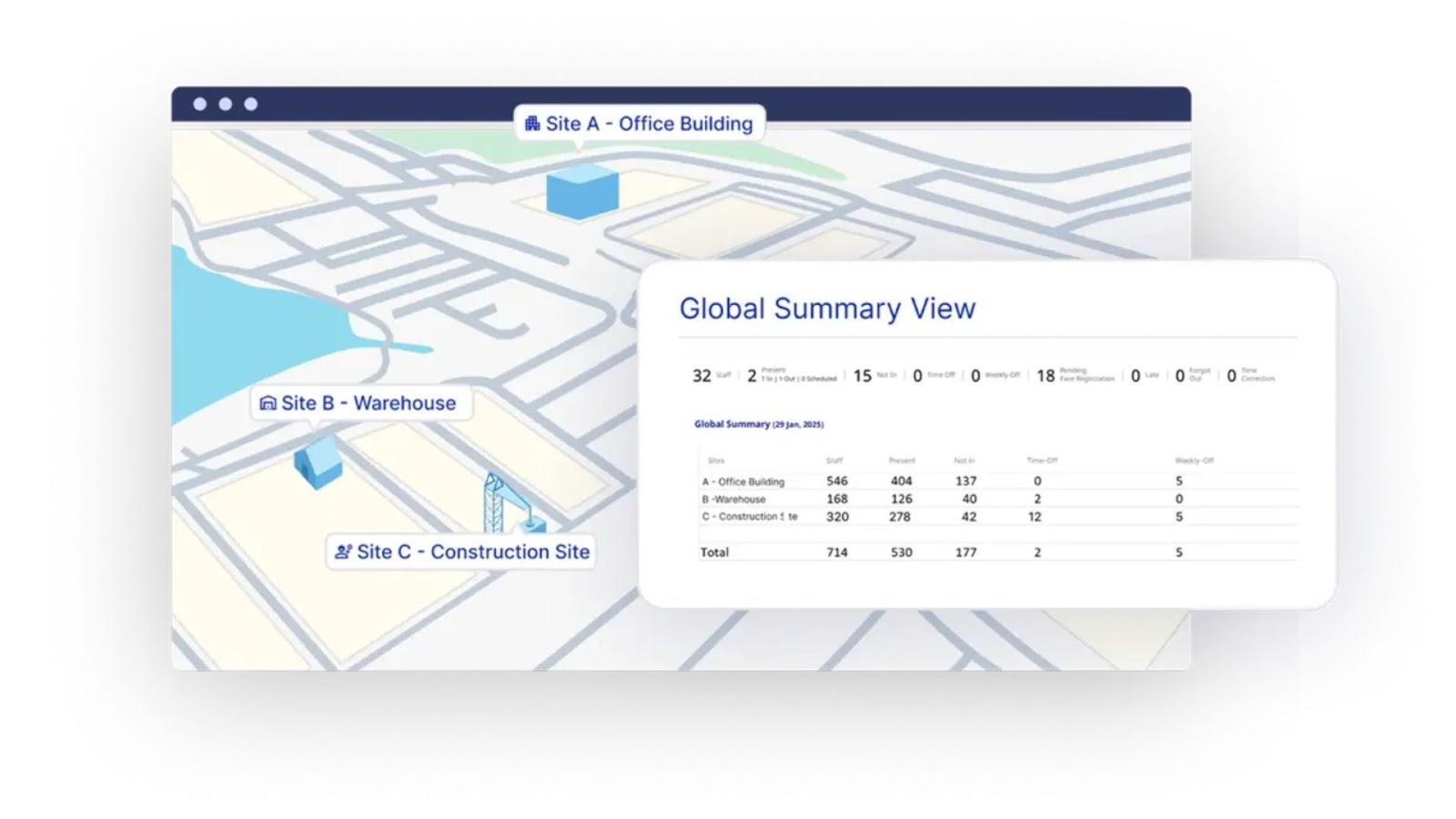 Truein‘s site summary dashboard with map and statistics