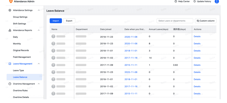 Screenshot of employee leave balances in Lark