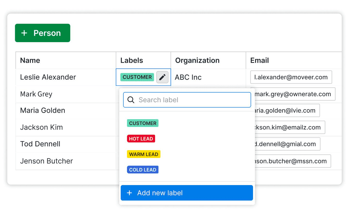 Interface of Pipedrive's lead table