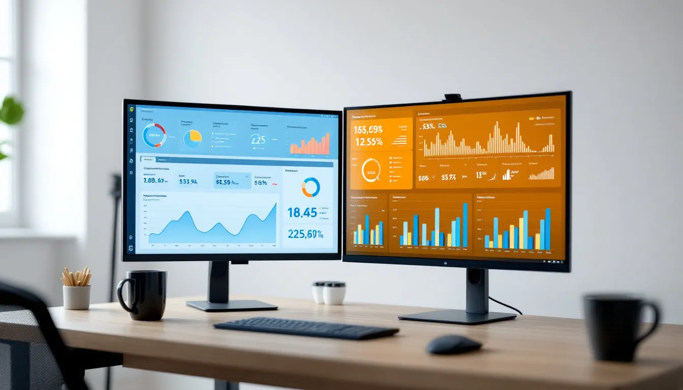 A computer screen displays a dashboard with real-time inventory analytics, showcasing performance metrics such as inventory levels, stock counts, and low stock alerts, designed to help businesses manage inventory efficiently across multiple locations. The interface features intuitive tools for tracking sales and controlling costs, essential for small businesses seeking to streamline their inventory management processes.