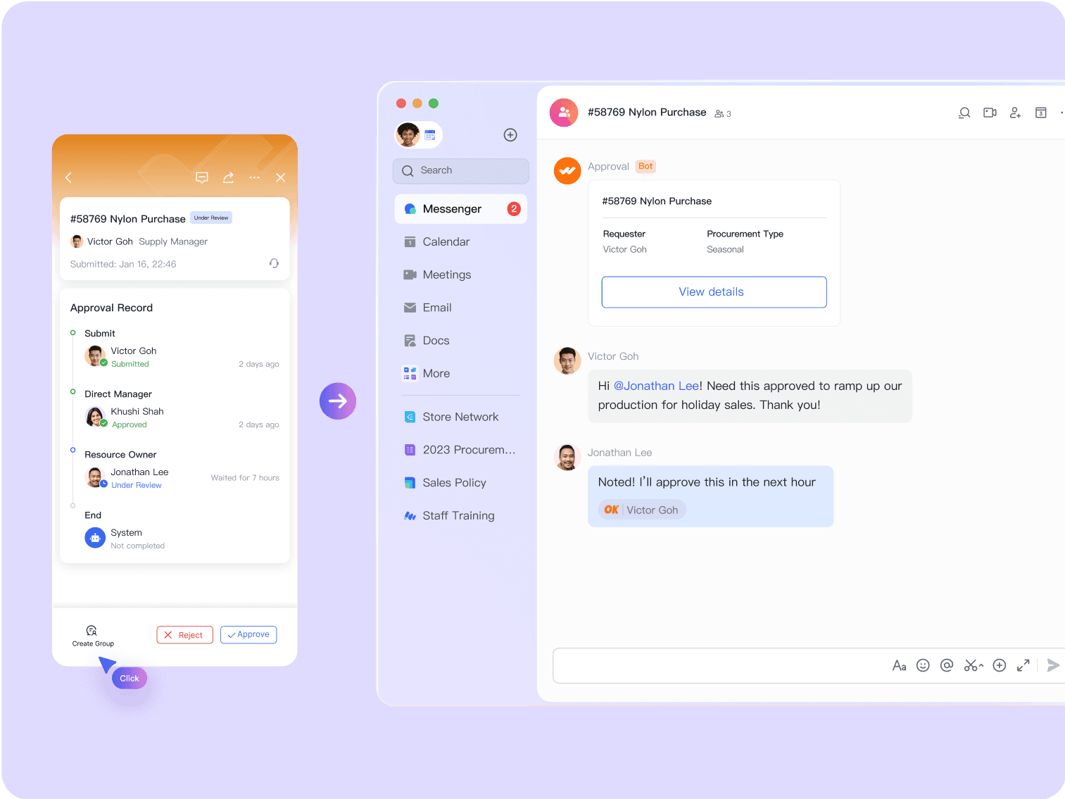 Image of a purchase approval conversation on Lark