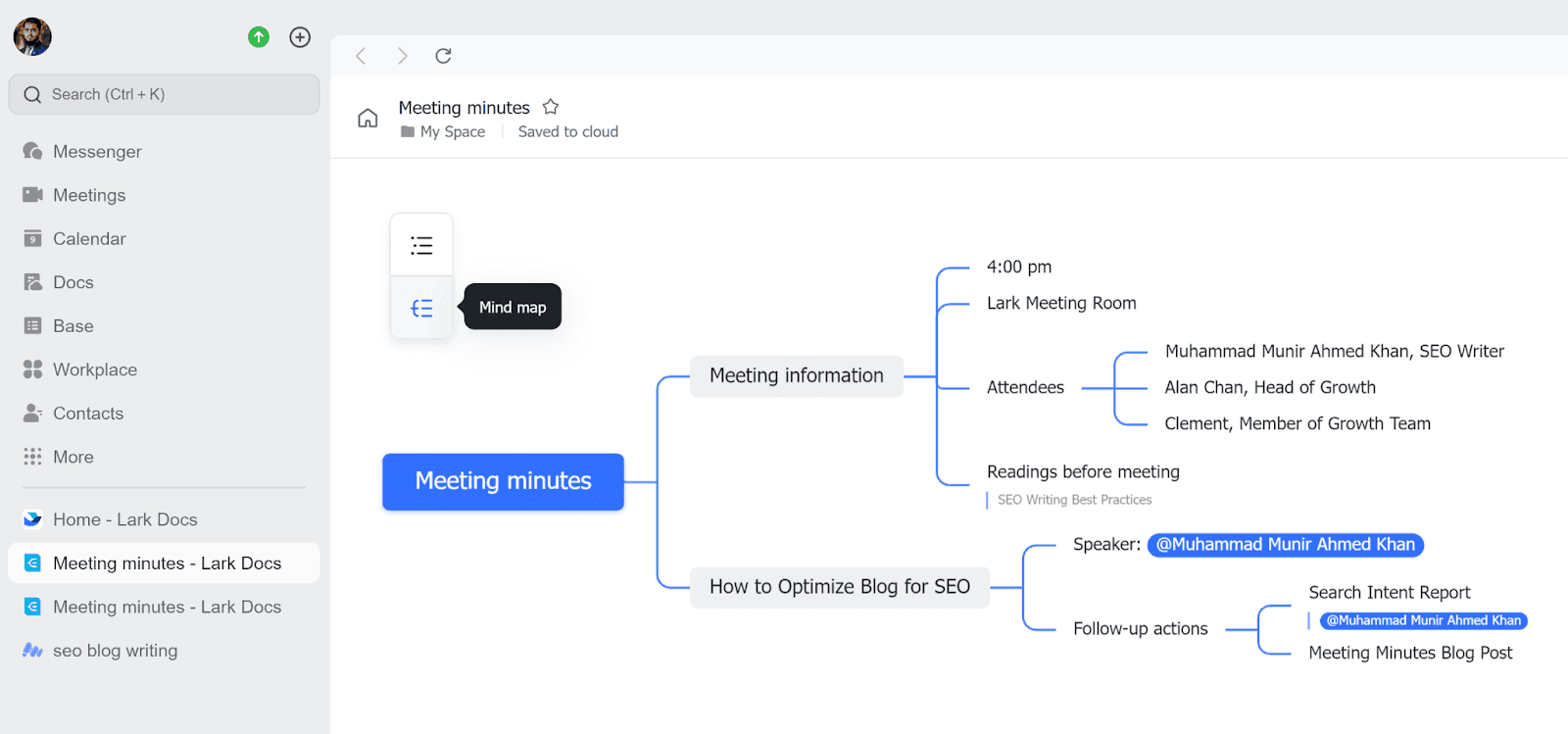 Mind map feature of Lark Docs