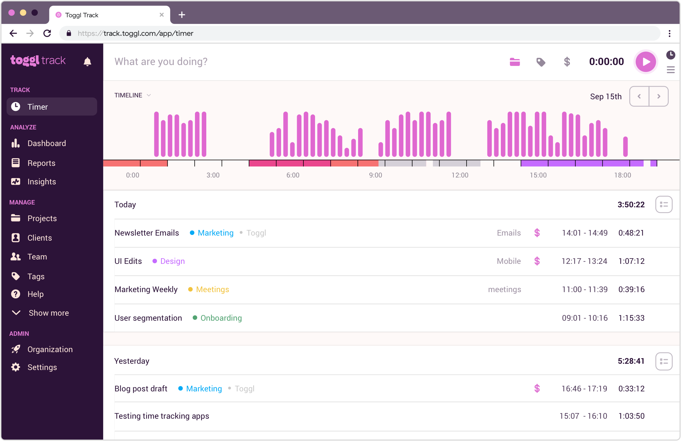 Toggl Track interface