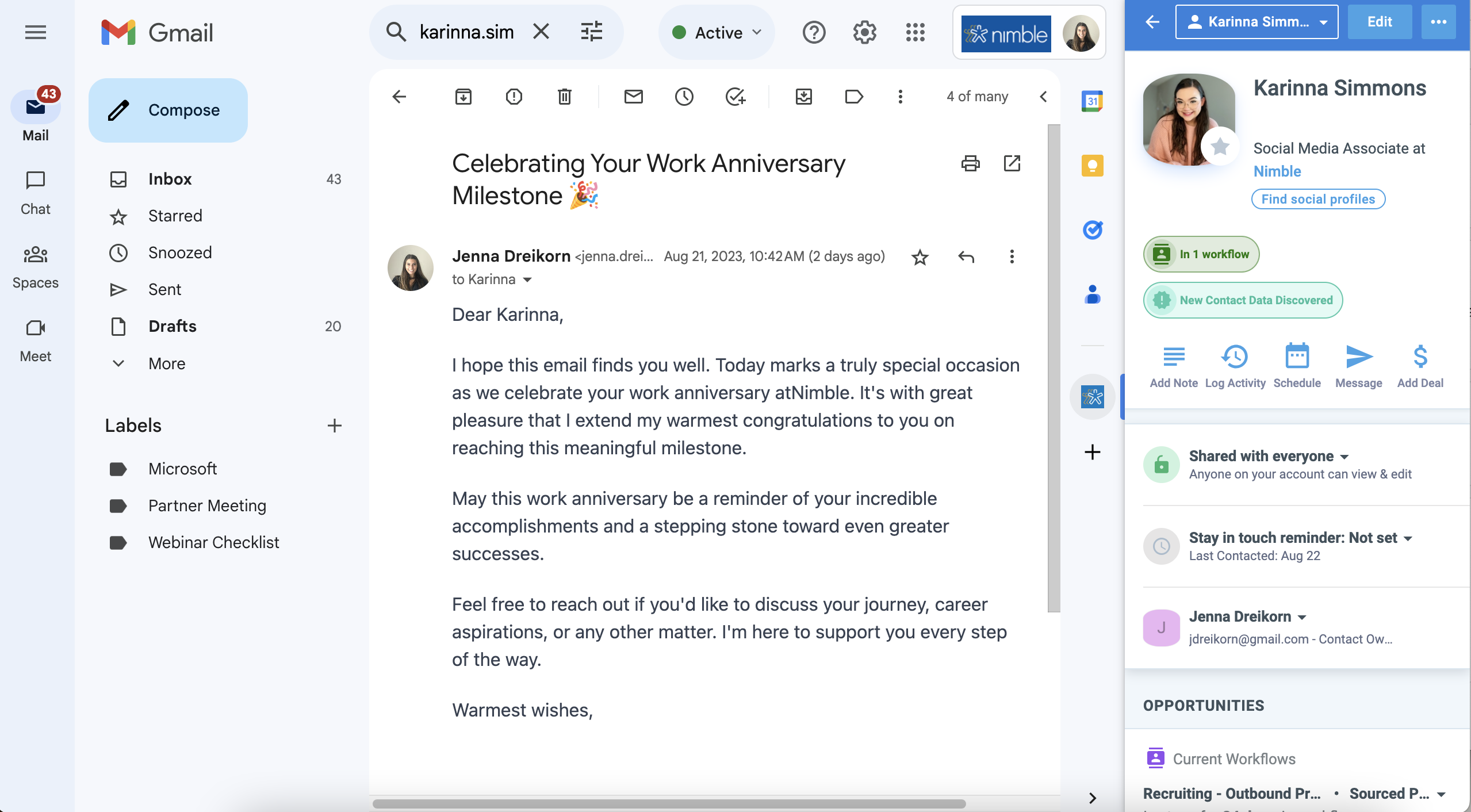 Gmail interface via Nimble CRM