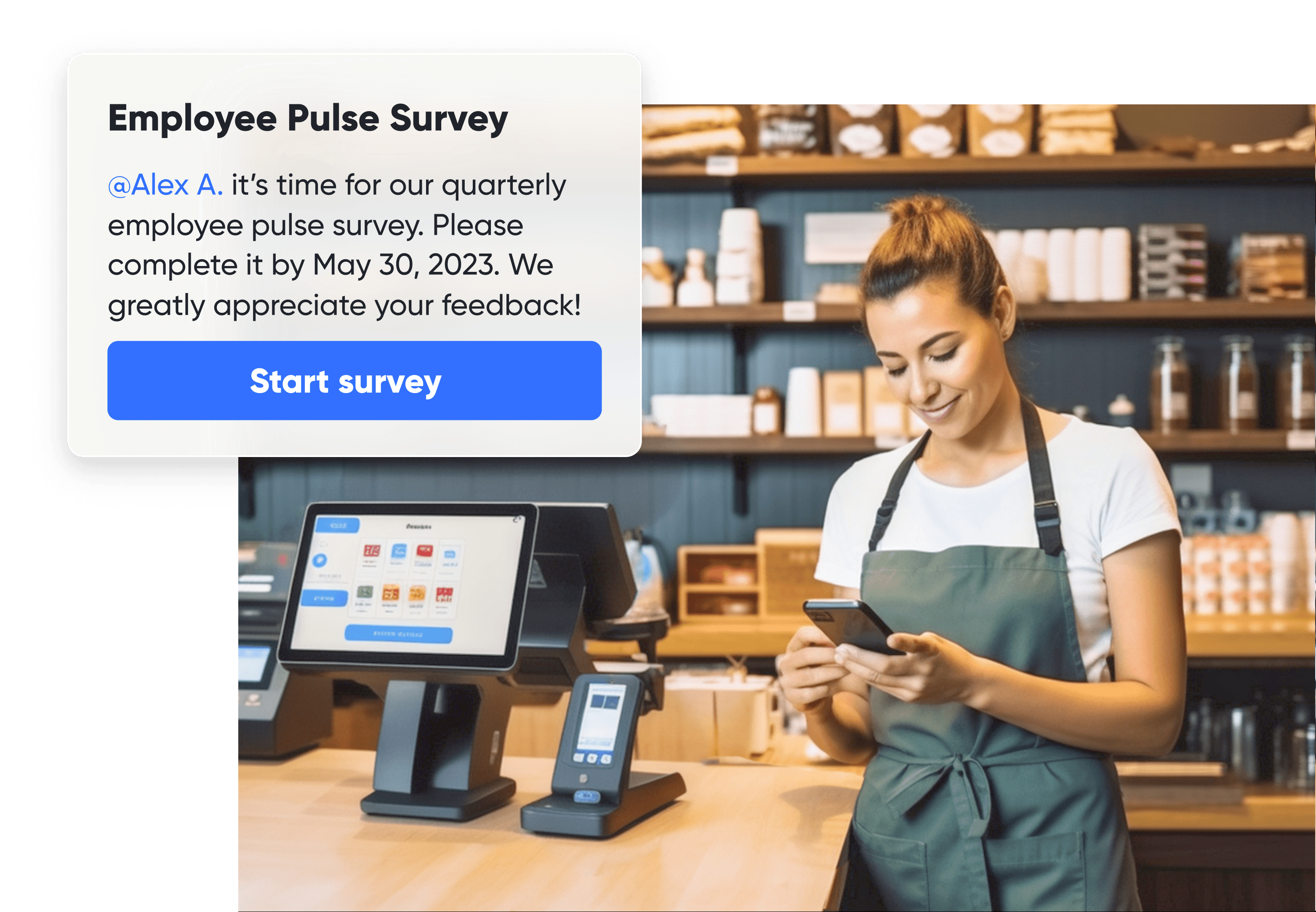 A retail store employee receives a notification to fill in the latest employee pulse survey, thanks to Lark Base's automated workflows. 