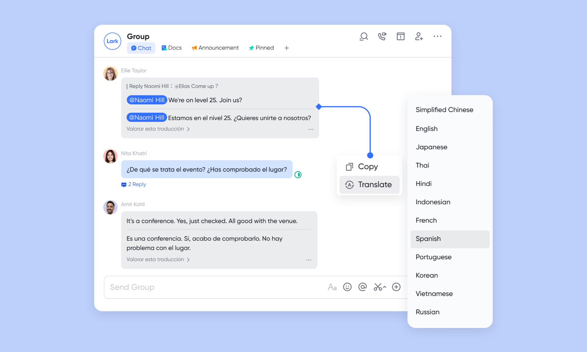 Lark Messenger real-time AI translation for messages