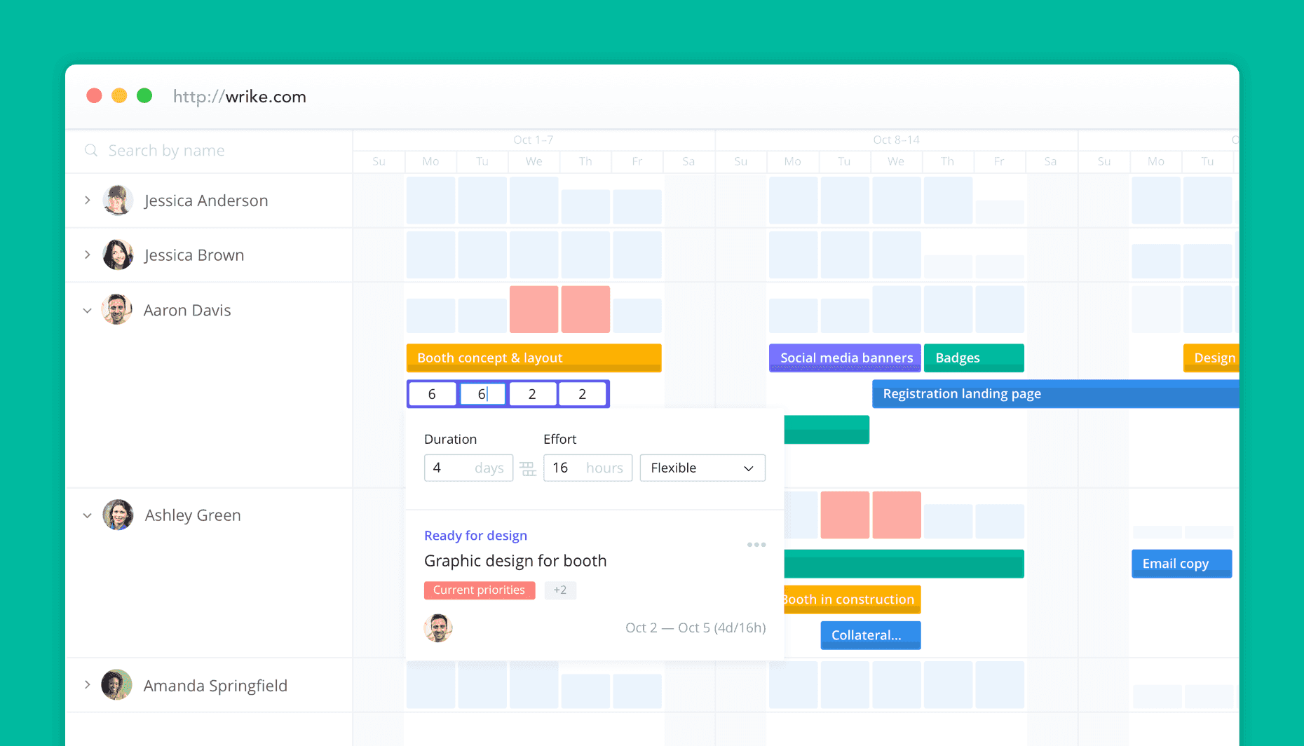 Wrike's interface with search bar and calendar 