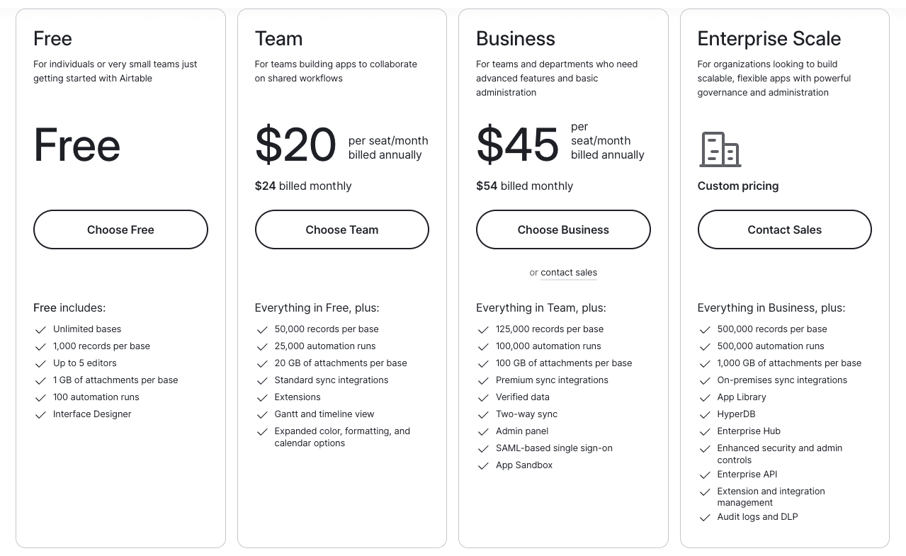 Airtable pricing plans