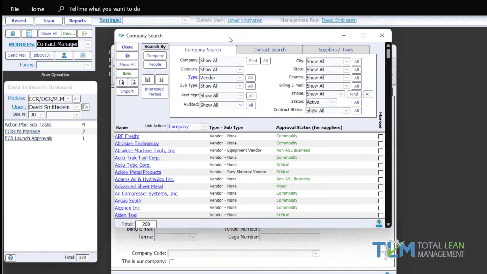 TLM Software's interface for lean quality management