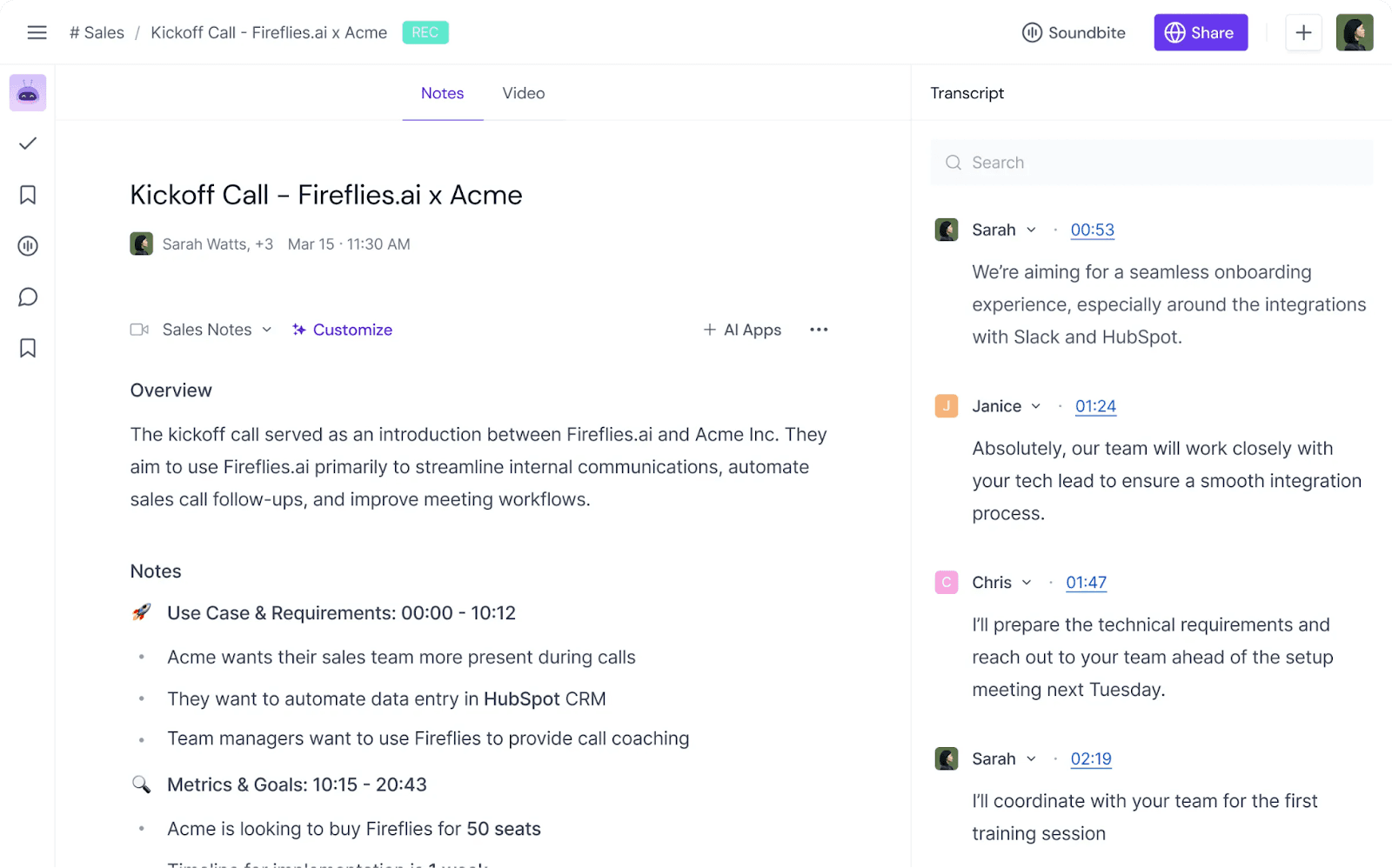 Fireflies’ interface of a meeting transcript