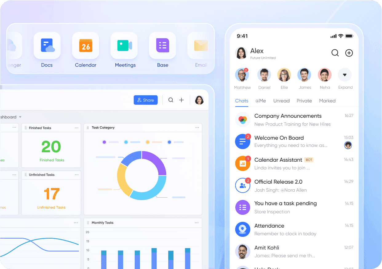 A graphic showing Lark's features, including its dashboard and mobile screens