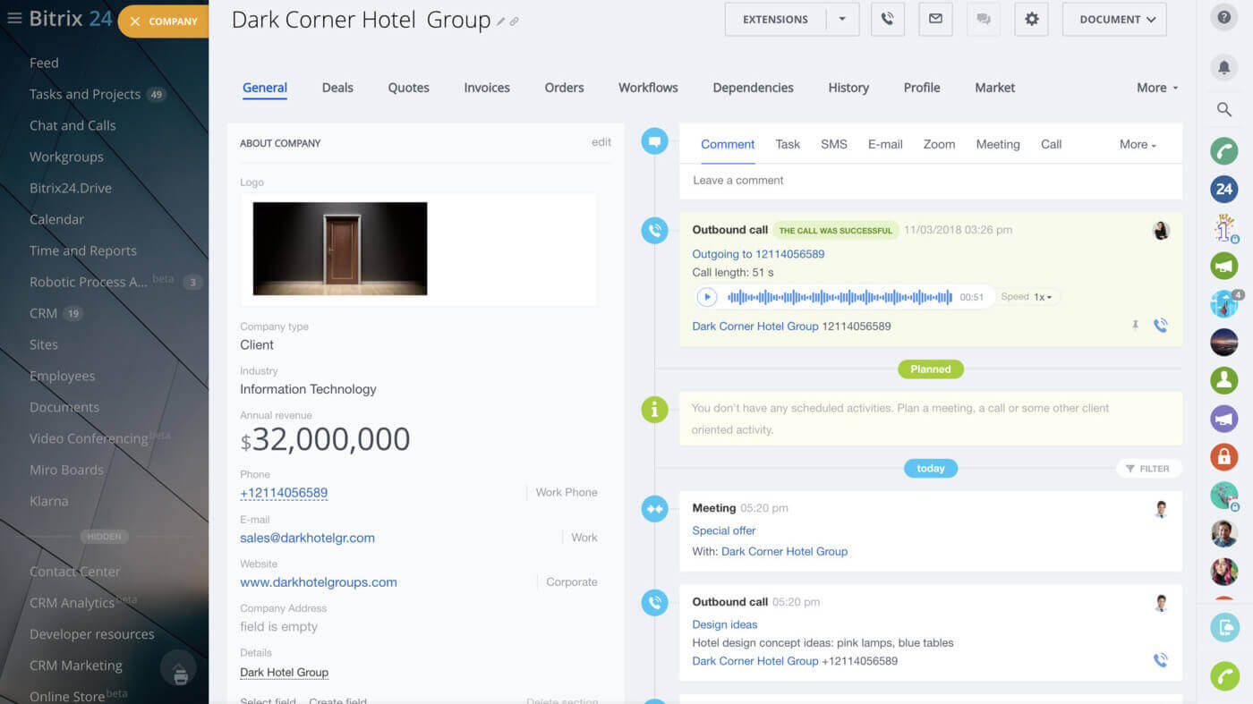 Bitrix24 CRM system with comprehensive view