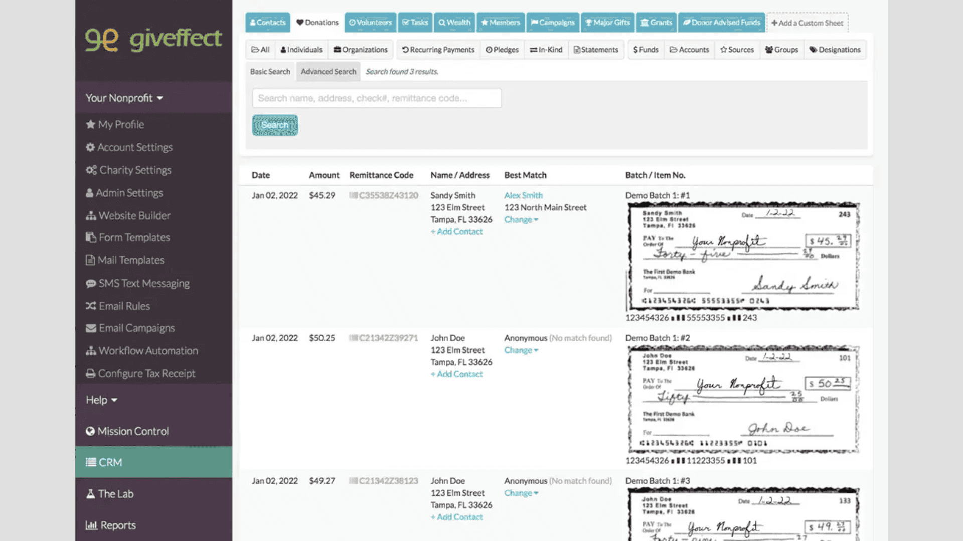 Interface of Giveffect’s CRM