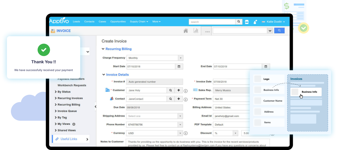 Invoice interface of Apptivo, one of the best CRM free software