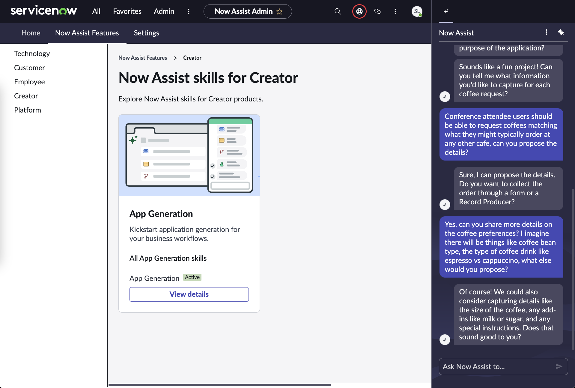Interface of servicenow's AI model
