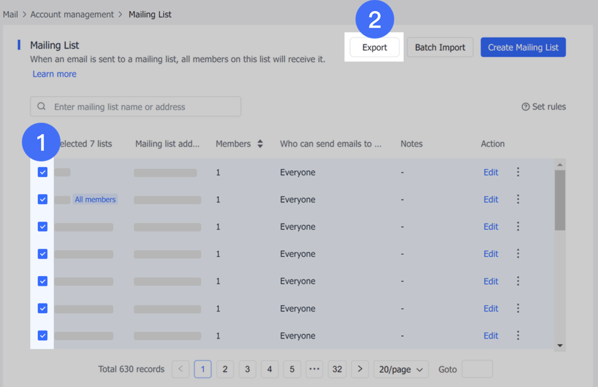 Admin | Batch import, export, and edit mailing lists