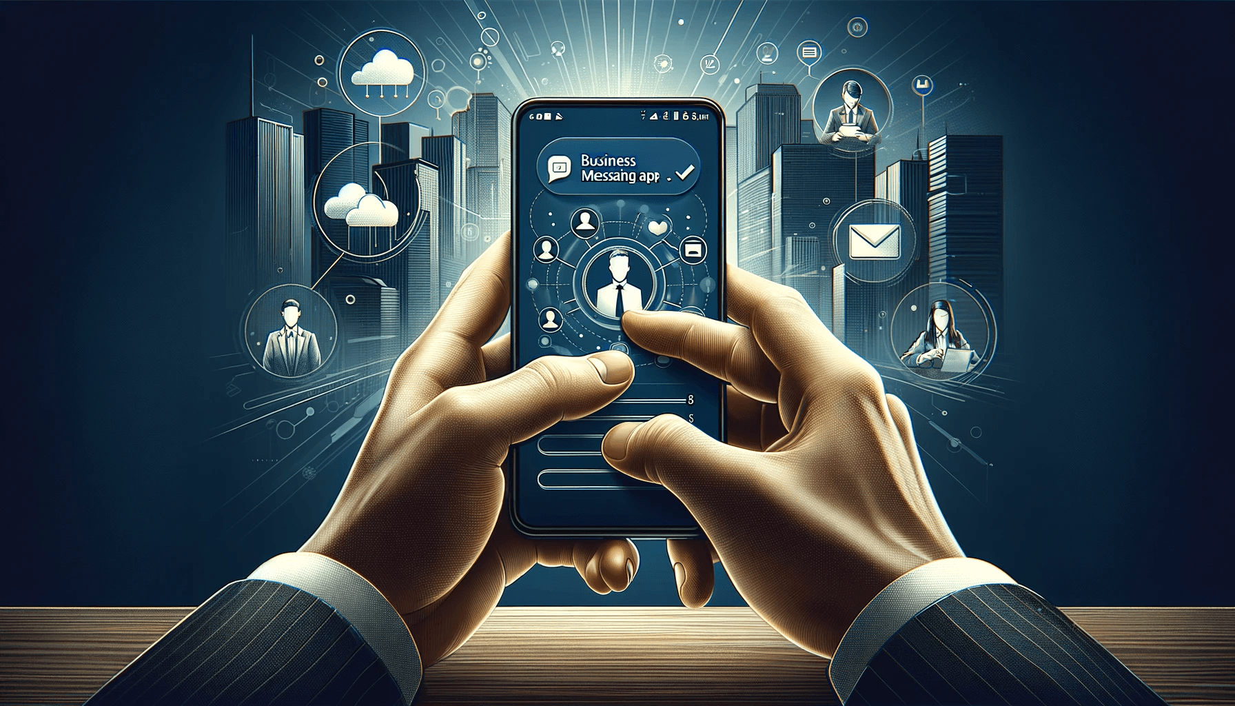 A close-up of a professional's hands typing on a smartphone, with the screen displaying a sophisticated business messaging app interface. 