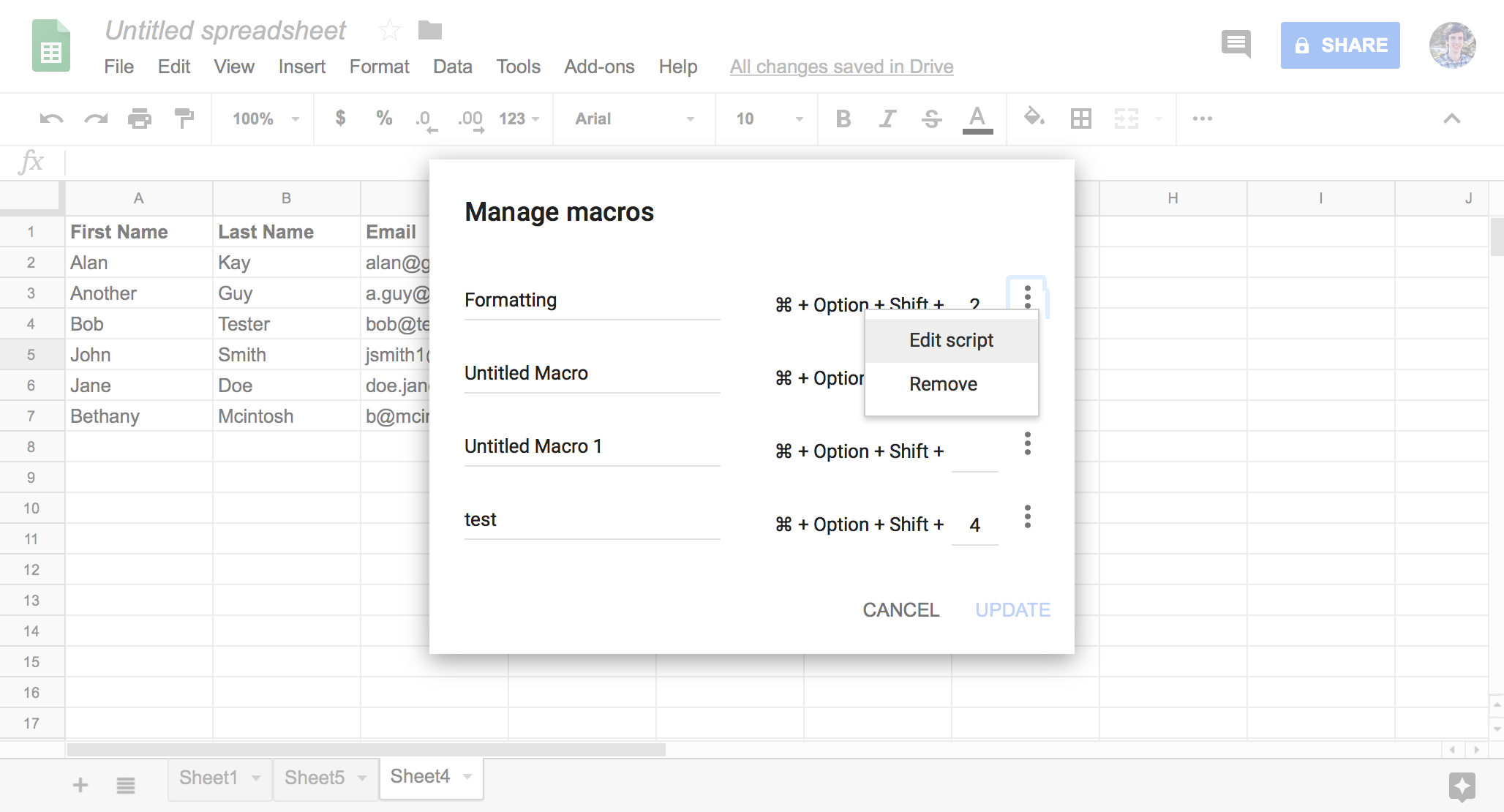 Google Sheets: Built-in macros