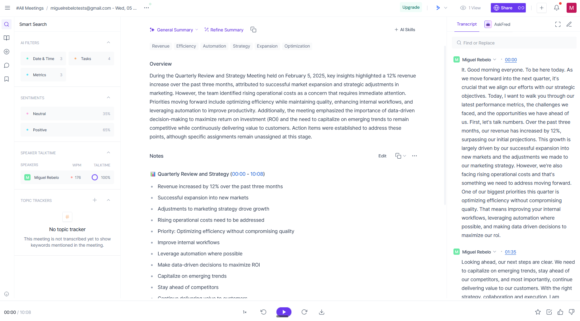 Fireflies.ai AI meeting notes with summary, action items, and searchable transcript