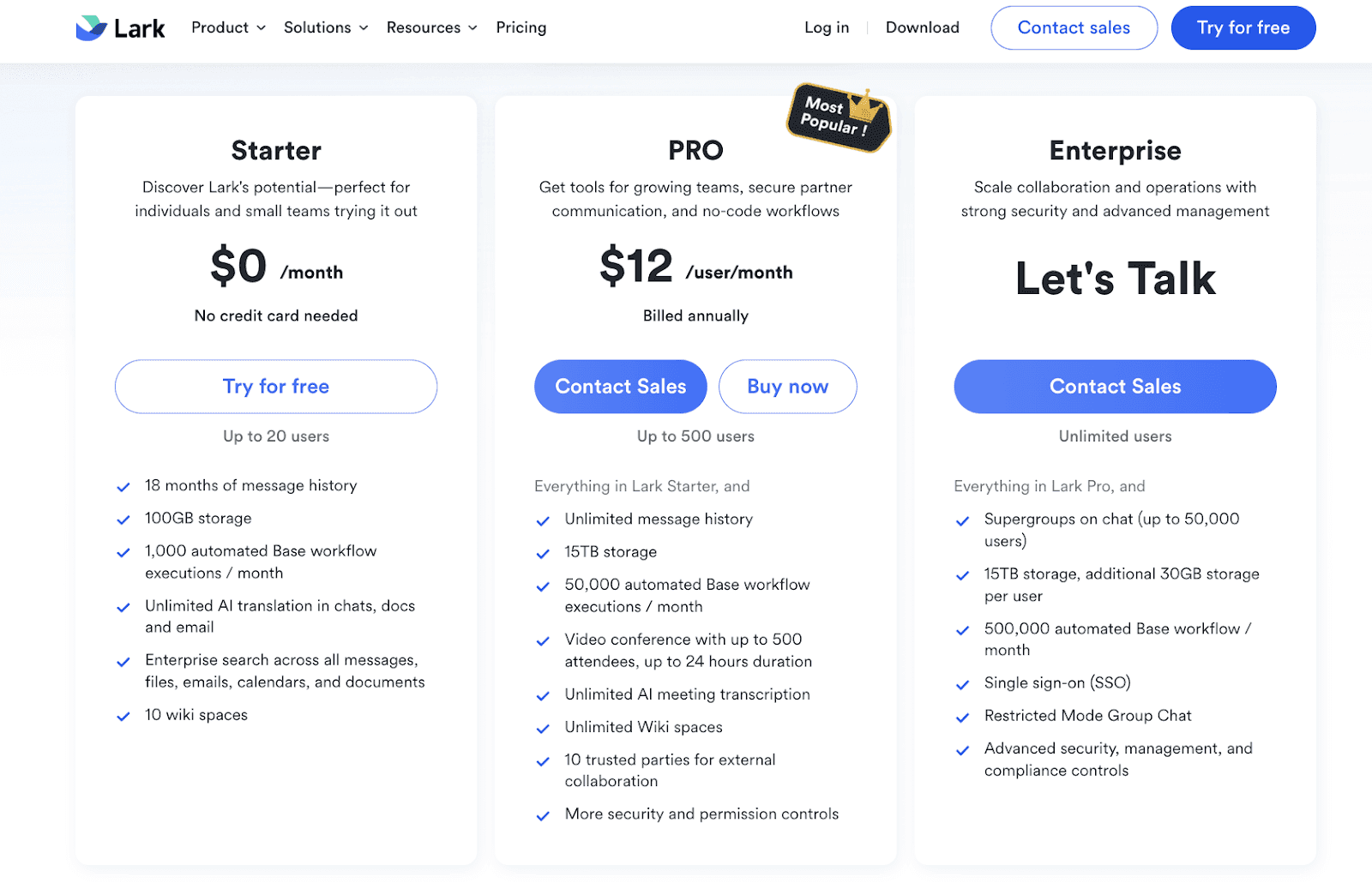 Lark pricing plan