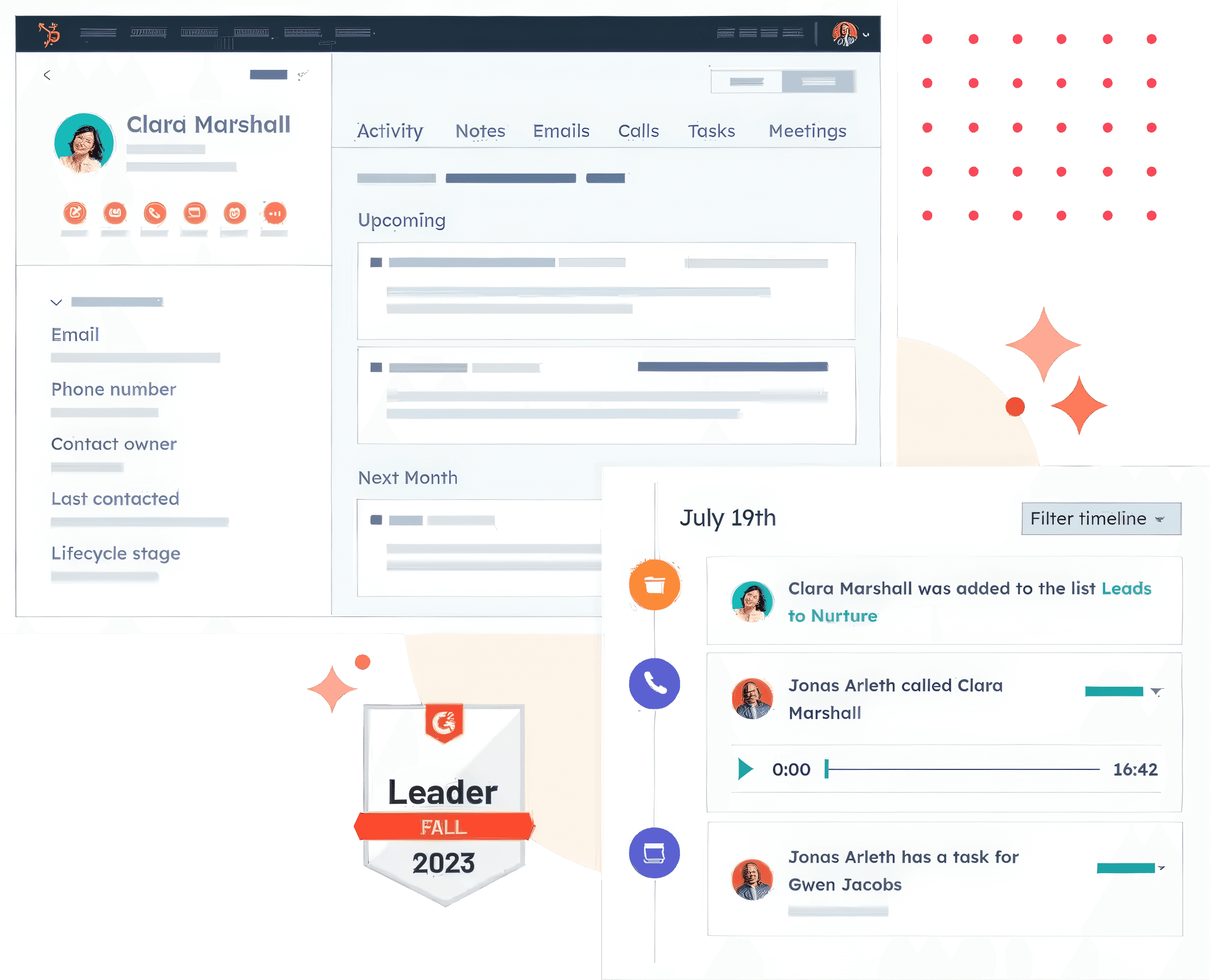 HubSpot CRM's contact timeline and integrated activity dashboard